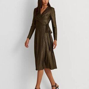 Ralph Lauren Metallic Cocktail Dress Women’s Size 14 Gold V-Neck Jersey Knit